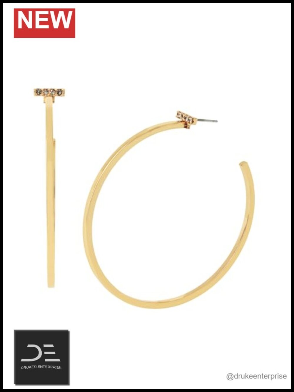 Open Hoop Earrings with Pavé Bar Brass Push Back 2.25 Inch Lightweight